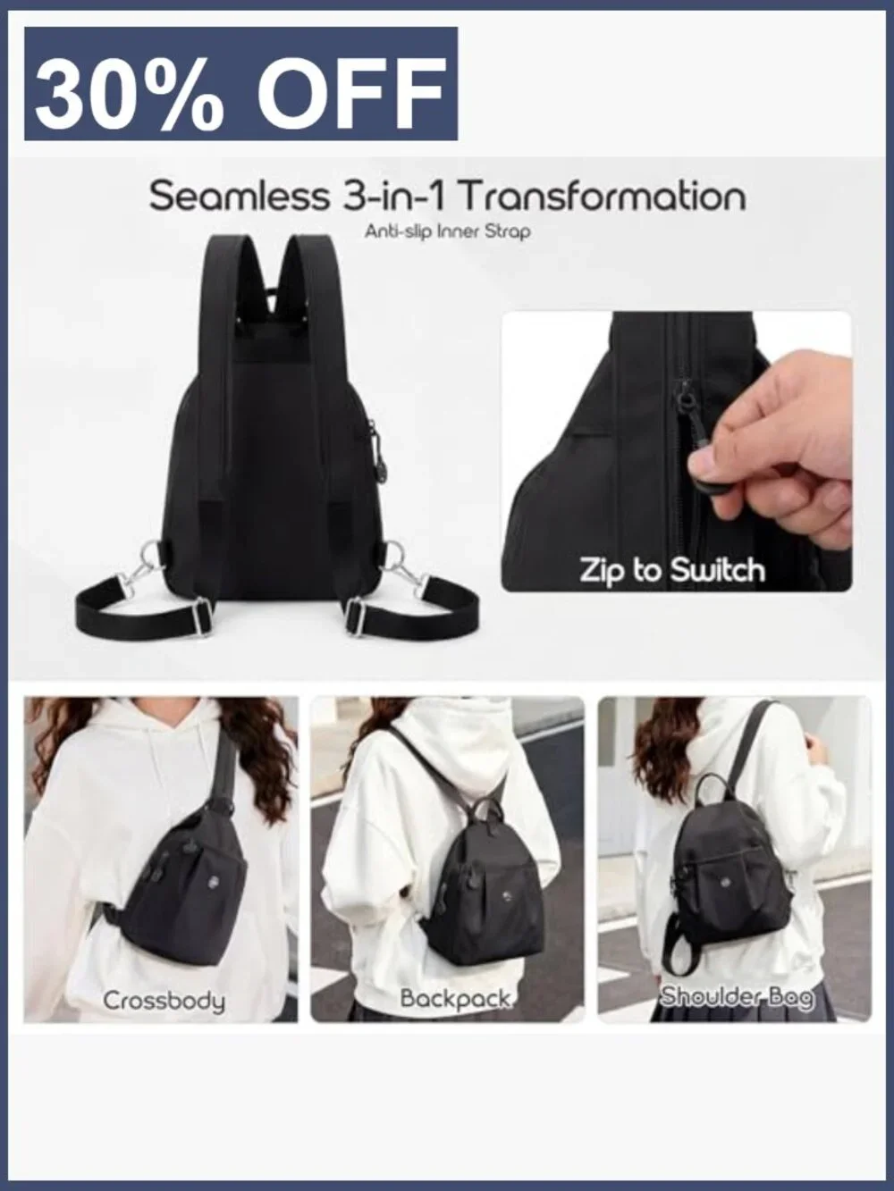 3-in-1 Convertible Anti-Theft Crossbody Sling Backpack for Women Nylon Travel